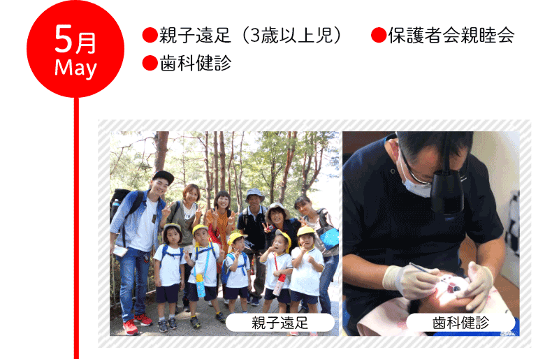 5月 ●親子遠足（3歳以上児） ●保護者会親睦会 ●歯科健診